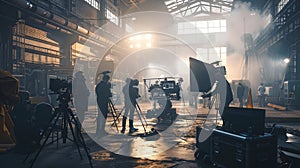 Behind-the-scenes Glimpse of a Film Set, Crew at Work in a Large, Industrial Location, Movie Production Scene. AI