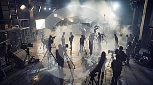 Behind-the-scenes glimpse of a movie set bustling with activity and crew. Film production in action with lights and