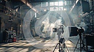 Behind the scenes of a movie set. cinematic lighting in an industrial warehouse. filmmaking process captured. creative