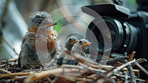 A behind-the-scenes setup where a live-streaming camera is visibly positioned just behind a bustling robin's