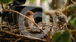 A behind-the-scenes setup where a live-streaming camera is visibly positioned just behind a bustling robin's