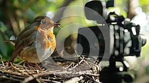 A behind-the-scenes setup where a live-streaming camera is visibly positioned just behind a bustling robin's