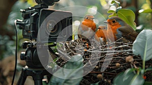 A behind-the-scenes setup where a live-streaming camera is visibly positioned just behind a bustling robin's