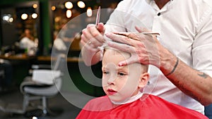 Behind shoulder view of male barber cutting little boy's hair.
