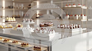Behind a spotless glass display a team of dedicated pastry chefs diligently and skillfully prepare a plethora of dessert