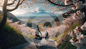 Behind two people bikepacking in Japan with Mount Fuji in the background, wide shot