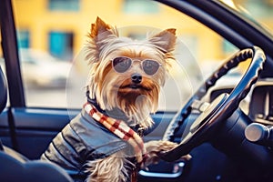 Behind the wheel, a cute Yorkshire Terrier dog in sunglasses embarks on a car journey. Fun animal adventure