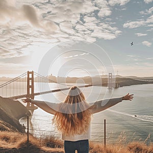 From behind, you can see the traveler girl arms spread wide as she take in the incredible view of the Golden Gate Bridge