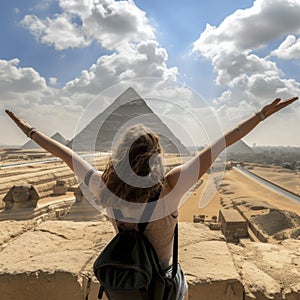 From behind, you can see the traveler girl arms spread wide as she take in the incredible view of the Great Pyramid of