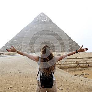 From behind, you can see the traveler girl arms spread wide as she take in the incredible view of the Great Pyramid of