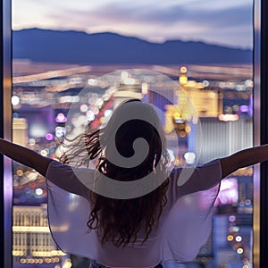 From behind, you can see the traveler girl arms spread wide as she take in the incredible view of the Las Vegas Strip