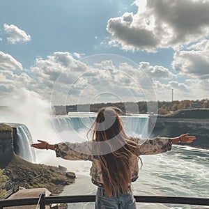 From behind, you can see the traveler girl arms spread wide as she take in the incredible view of the Niagra Falls