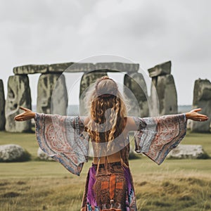 From behind, you can see the traveler girl arms spread wide as she take in the incredible view of Stonehenge