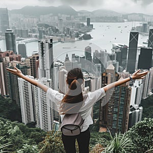 From behind, you can see the traveler girl arms spread wide as she take in the incredible view of the Victoria Peak in