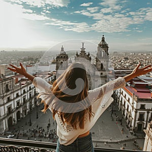 From behind, you can see the traveler girl arms spread wide as she take in the incredible view of the Zocalo in Mexico