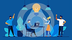 A behindthescenes view of a tech team preparing for their pitch with light bulbs illuminating their workspace