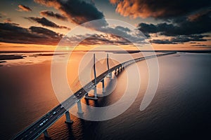 Behold the breathtaking aerial perspective of the iconic Oresundsbron bridge, gracefully connecting Denmark and Sweden. Marvel at