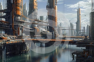 Behold a breathtaking snapshot of a dynamic futuristic city, adorned with numerous towering buildings, A futuristic look at civil