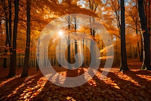 Behold the captivating scene of an autumn forest bathed in warm hues. Picture trees adorned with red and orange foliage in a fall