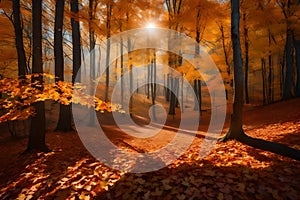 Behold the captivating scene of an autumn forest bathed in warm hues. Picture trees adorned with red and orange foliage in a fall