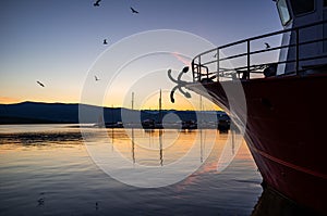 Crimson Sentinel: Red Fishing Boat and Anchored Legacy photo