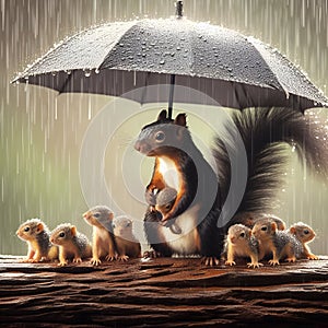 Maternal Shelter: Squirrel Mother and Baby Under Umbrella. photo