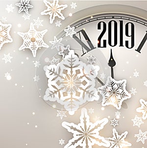 Beige 2019 New Year background with clock. Greeting card.