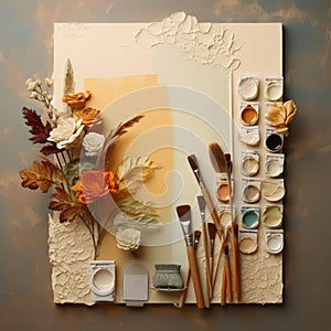 Beige And Amber Paint Palette With Sculpted Paper Flowers