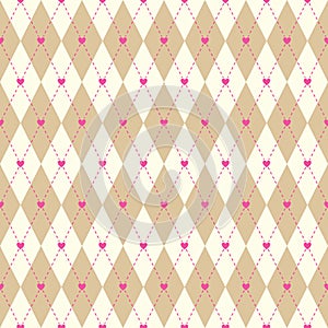 Beige argyle and hearts seamless pattern