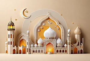 Beige background with golden stylizing Mihrab and Mosque with shiny light. Greeting card concept of Ramadan Kareem