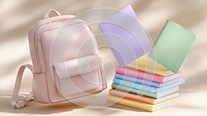 Beige backpack surrounded by pastel hued textbooks and notebooks, creating a whimsical back to school theme plain backdrop a