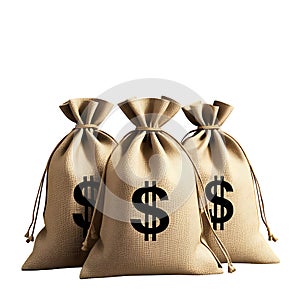 Beige bags with drawstrings with a dollor sign on the bottom stand on a white background