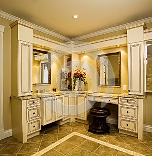 Beige bathroom cabinets with granite counter top