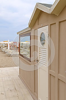 Beige beach cabin on the beach, Italy, Riccione