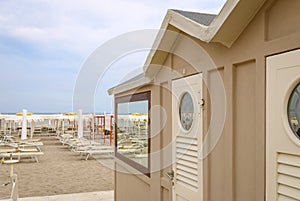 Beige beach cabin on the beach, Italy, Riccione