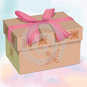 Beige beautiful gift box with a pink bow