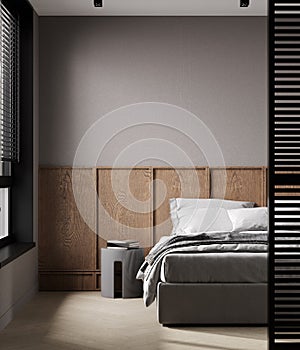 Beige bedroom interior with wooden headboard, loft partition and decor. 3d render