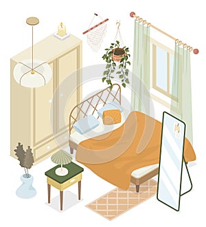 Beige bedroom - modern vector colorful isometric illustration