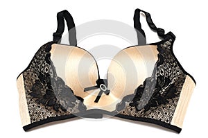 A beige and black lacy flowery brassiere with shoulder straps photo