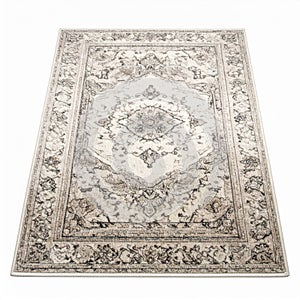 Beige and Black Ornate Patterned Rug on White Background for Interior Design