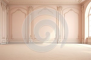 Beige blank paneling wall with Baroque decorations, mock up in classical design