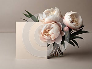 Beige blank postcard with space for text with a bouquet of lovely delicate peonies on a gray background. Layout.