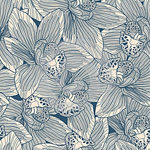 Beige and blue orchid seamless pattern