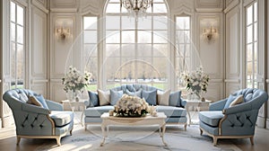 Beige and blue sofas against window in classic room. Interior design of modern living room