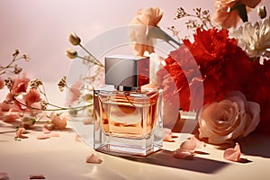 beige bottle of perfume with flowers, rose, petals. close up. Beauty background.