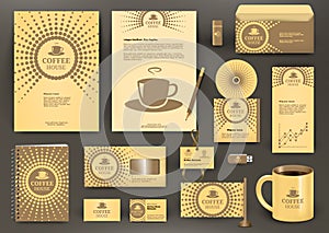 Beige branding design for coffee shop, coffee house, cafe, restaurant with cup icon.