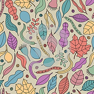 Beige with Bright Multicolor Leaves Garden Themed Seamless Repeating Pattern.