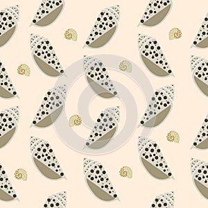 Beige and brown dot seashell hand drawn seamless patterm on beige background