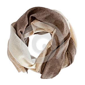 Beige and brown fine knit wool scarf in a circle