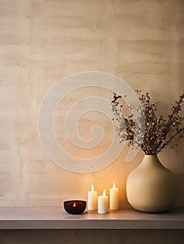 Beige and brown home interior decor, winter seasonal cozy apartment decoration with burning candles and empty wall, copy